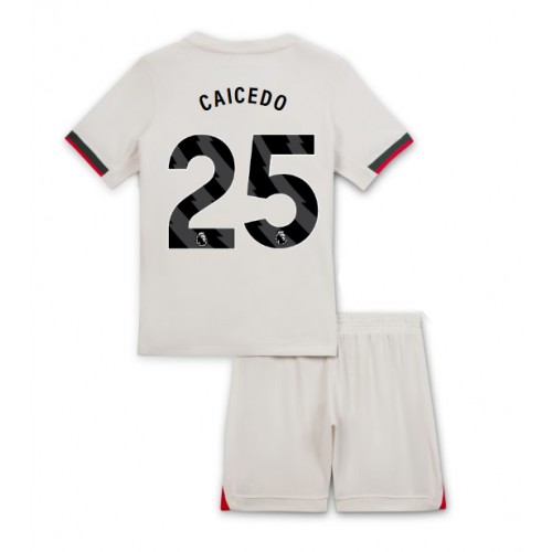Stroje piłkarskie Chelsea Moises Caicedo #25 Koszulka Wyjazdowej dla dzieci 2025-26 Krótki Rękaw (+ szorty)